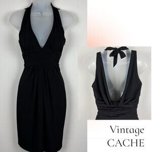 Vtg CACHE Dress 4 Cocktail Evening Sexy Halter Deep V Cowl Back Stretch USA